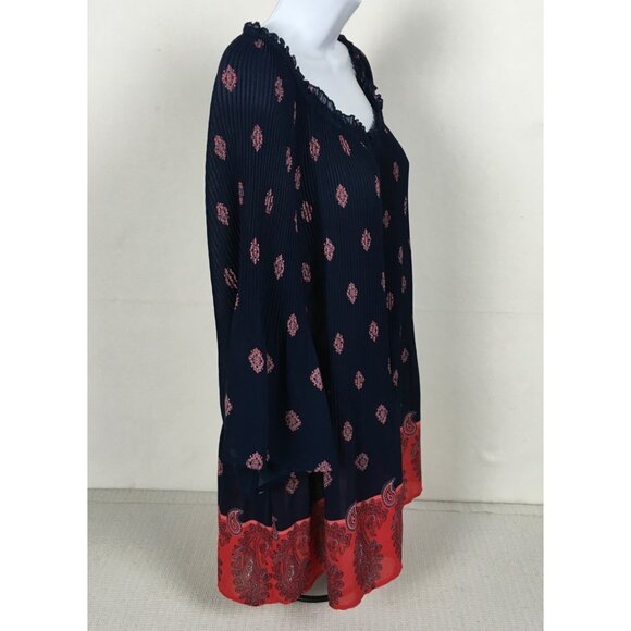 Catherines Petite Womens Top Size 2XWP Navy Blue Red Boho Print Bell Sleeve - Picture 3 of 14